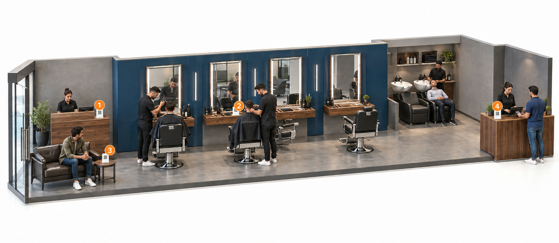 Ilustración de una barbería con 4 puntos numerados donde se colocan placas y tarjetas NFC
