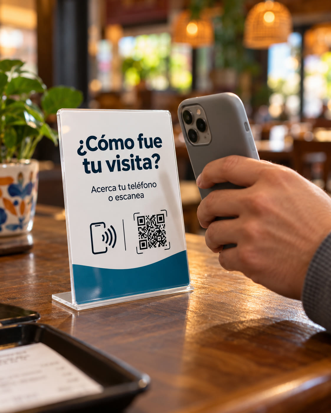 Cliente acercando su teléfono a una placa de Fluxia en el mostrador de un negocio