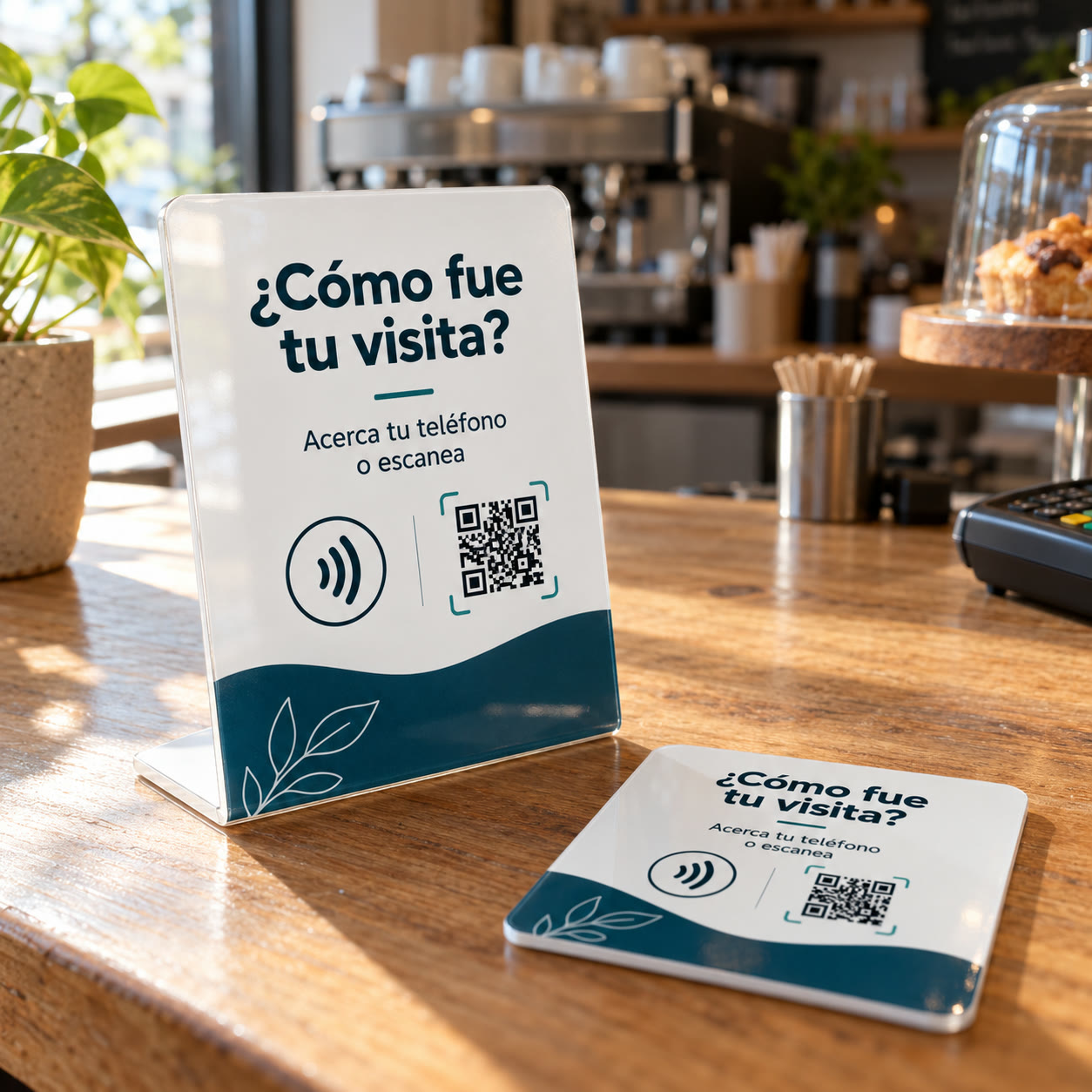 Placa NFC y QR de Fluxia sobre el mostrador de una sucursal